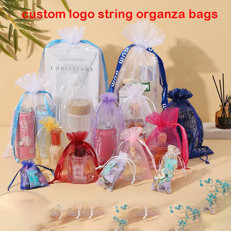 100pcs Organza Bag 15x20cm 17x23cm 20x30cm Custom String Gift Bags Cosmetic Packaging Wedding Party Drawstring Pouches Christmas