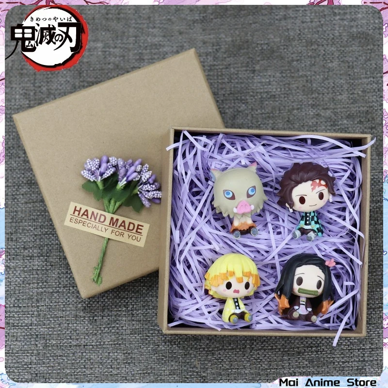 

4pcs Demon Slayer Anime Figure Gift Box Nezuko Tanjiro Inosuke Zenitsu Kawaii Q Figure Kimetsu No Yaiba Car Home Decoration Toys