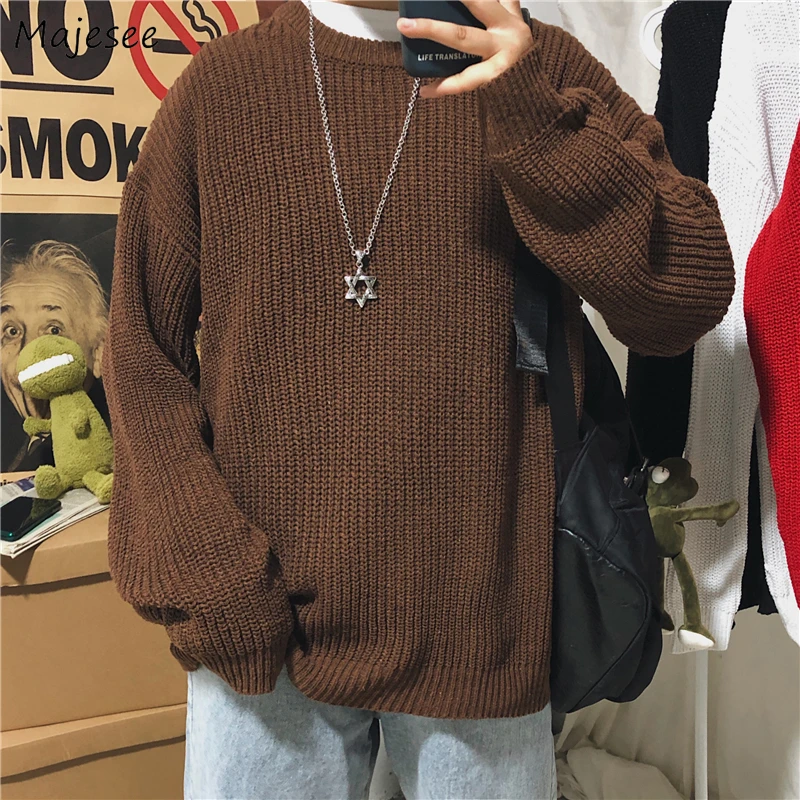 

Winter Ribbed Sweaters Men Cozy Loose O-Neck Solid Pullovers Couples Knitted Retro Warm Long Sleeve Korean Style Teens Jumpers