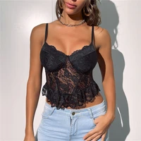 women sexy lace see through sleeveless crop tops street style solid color patchwork backless ruffles hem camis nightclub 2022