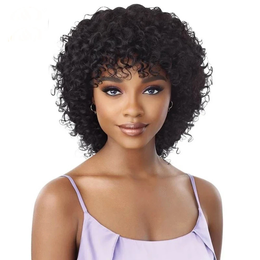 

12 Inch 100% Brazilian Hair Human Hair Wigs for Black Women Short Black Brown Highlights Full Wave Curls Wig with Hair Bangs