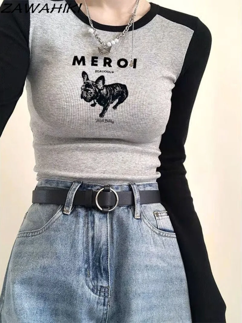 

Spring Autumn Chic Designed Slim Patchwork Contrast Color Long Sleeve T Shirt Women Y2K Aesthetic Letter Cartoon Graphic Print