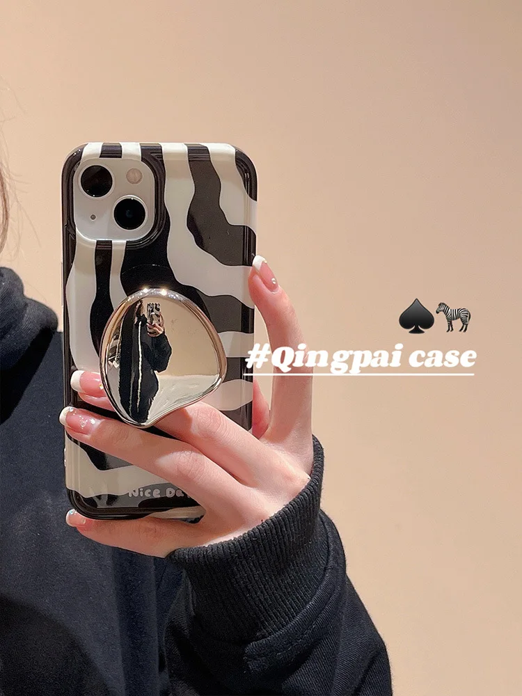 

Zebra pattern+mirror bracket Phone Case For iphone 14 13 12 11 Pro Max X XR XSMAX 7 8 Plus SE TPU Case Cover new products