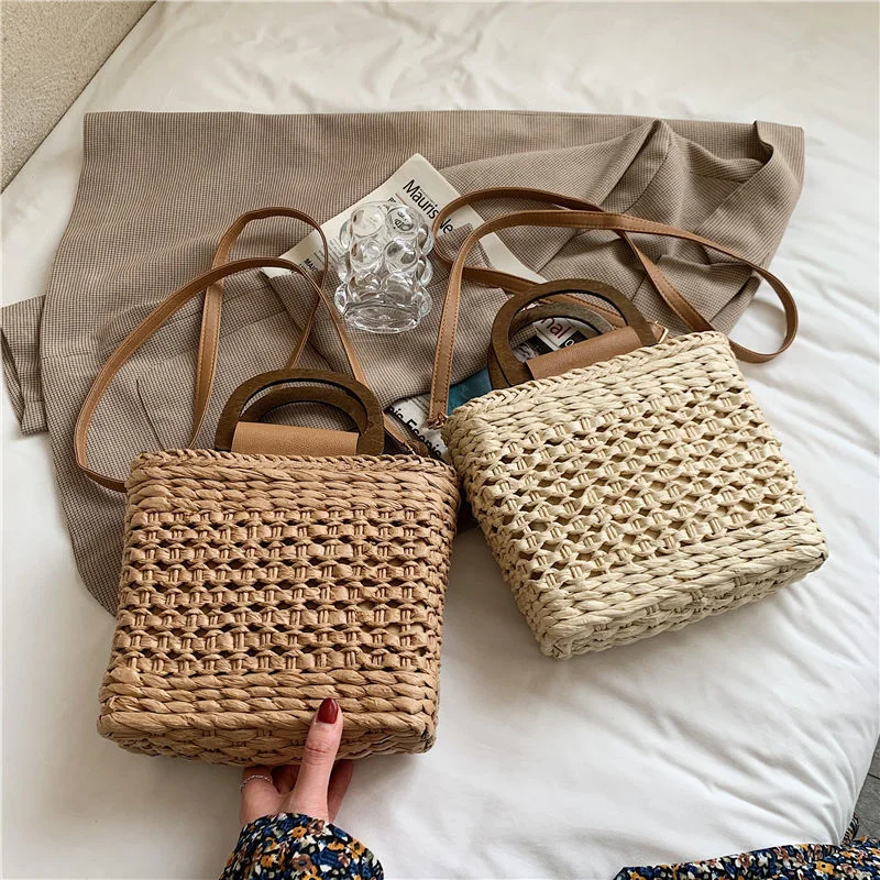 

Соломенные сумки, летние женские сумки-тоуты, Дизайнерские Сумочки, кошельки, плетеная пляжная сумка через плечо с деревянными ручками и застежкой на шнурке