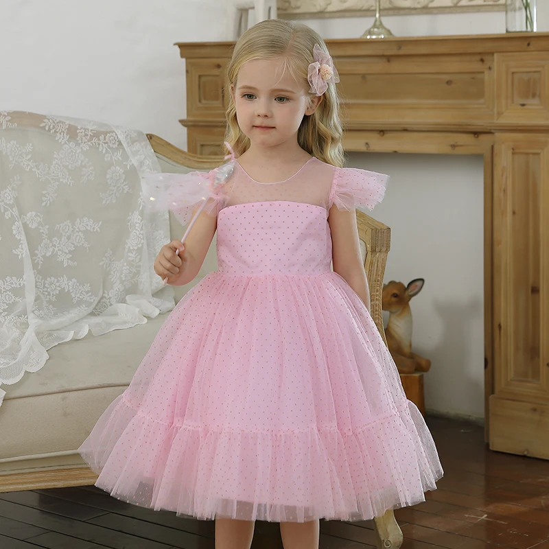 4-10T Kids Girls Elegant Dress for Evening Party Little Girl Dots Tulle Princess Gown Children Clothing Blue Wedding Vestidos images - 6