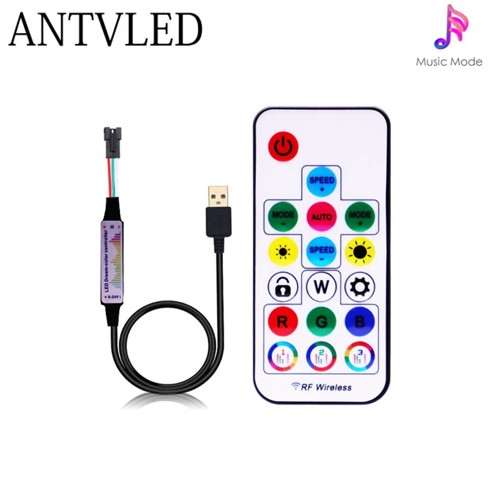 

WS2811 WS2812B 5050 RGB Led Strip Light Music Controller MINI 17Keys RF Remote Control 370Modes Change DC/USB DC5-24V