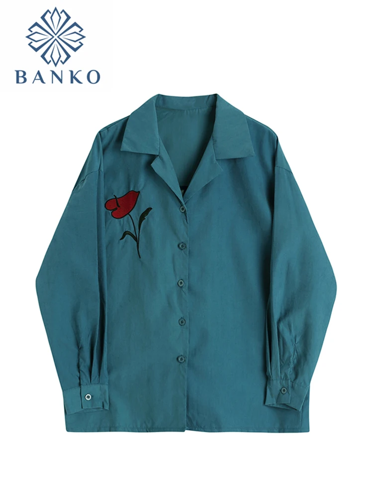 2022 Spring Autumn New Women Blouse Vintage Flower Embroidery V Neck Clothes Tops Fashion All-Match Long Sleeve Solid Shirts