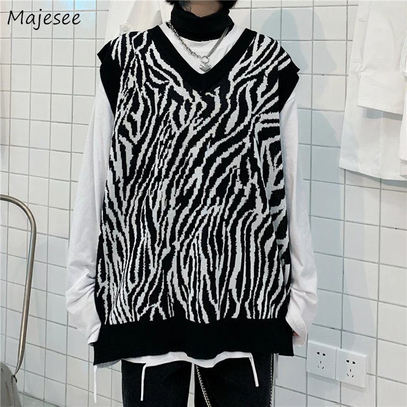 

Zebra-striped Sweater Vests Women V-neck Casual Popular Vintage Cozy Autumn New Girls Stylish Streetwear Ulzzang All-match Ins