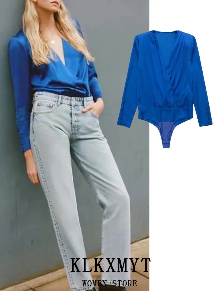 

KLKXMYT ZBZA 2022 Боди женское однотонное атласное с длинным рукавом и V-образным вырезом комбинезоны для женщин облегающая уличная одежда Повседн...