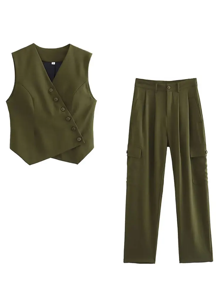

Women Fashion Asymmetric Button Embellishment Vest Set Casual Double Pocket Workwear Pants Suit 2023 Summer Lady Elegant Outfit