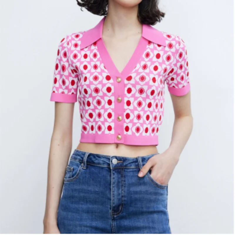 

2022 Spring New Small Fragrance Flower Short Sleeved Sweater Women's TopWF01