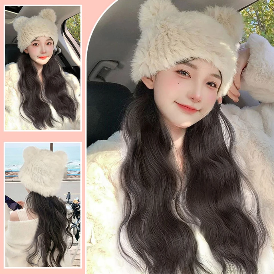 

AS Long Straight Hat Wig Natural Brown Wigs Connect Synthetic Synthetic Knitted hat Hair Wig Hat Wig Adjustable For Women