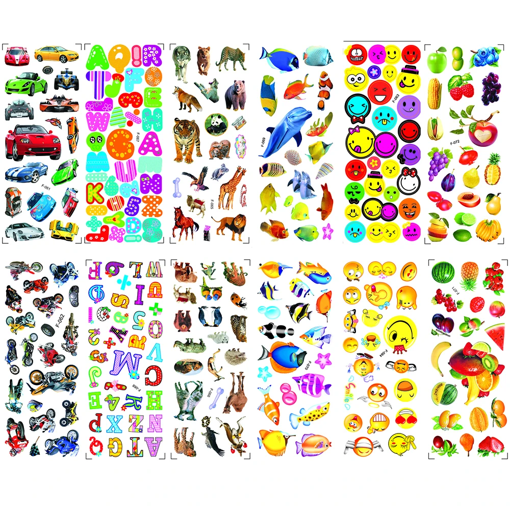 

12 Sheets/set 3D Kids Stickers Cartoon alphabet fruit Animal car Stickers for Girl Boy Birthday Gift Notebook Stickers