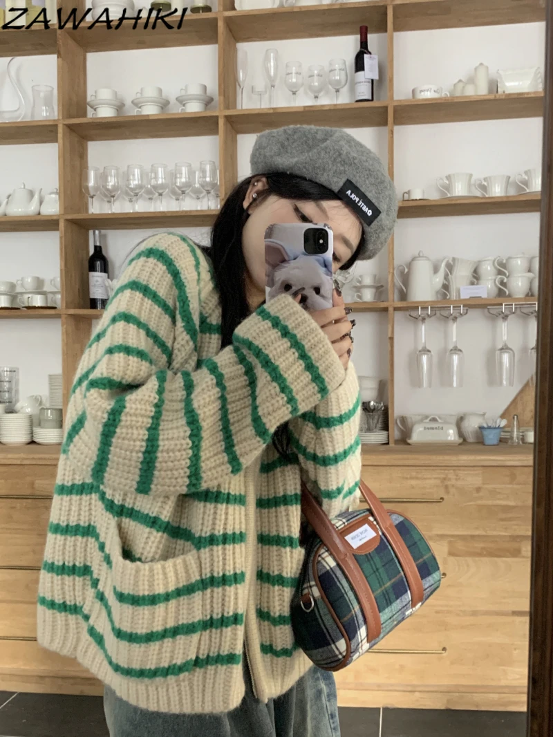 

Oversize Vintage Stripe Spring Autumn Long Sleeve Knitted Cardigan Tops Women French Loose Zip-up Casual Chic Sweater Mujer
