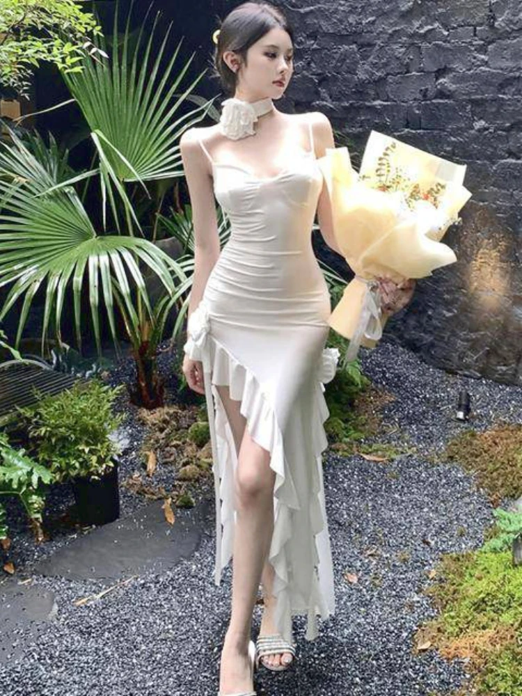 

Летнее белое элегантное французское платье с оборками, женское дизайнерское сказочное платье с открытой вилкой, женское платье средней длины в Корейском стиле, 2023