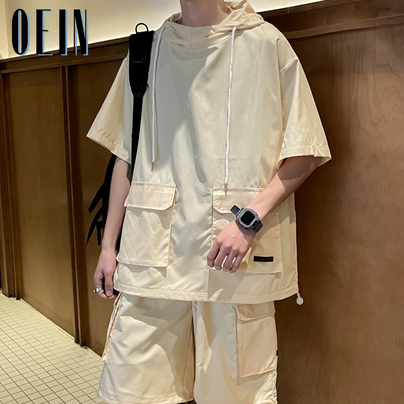Summer Men's Cargo Shorts Suit Solid Color Loose T-shirts and Shorts 2 Piece Hooded Sets Japanese Style Outdoor Casual Tracksuit