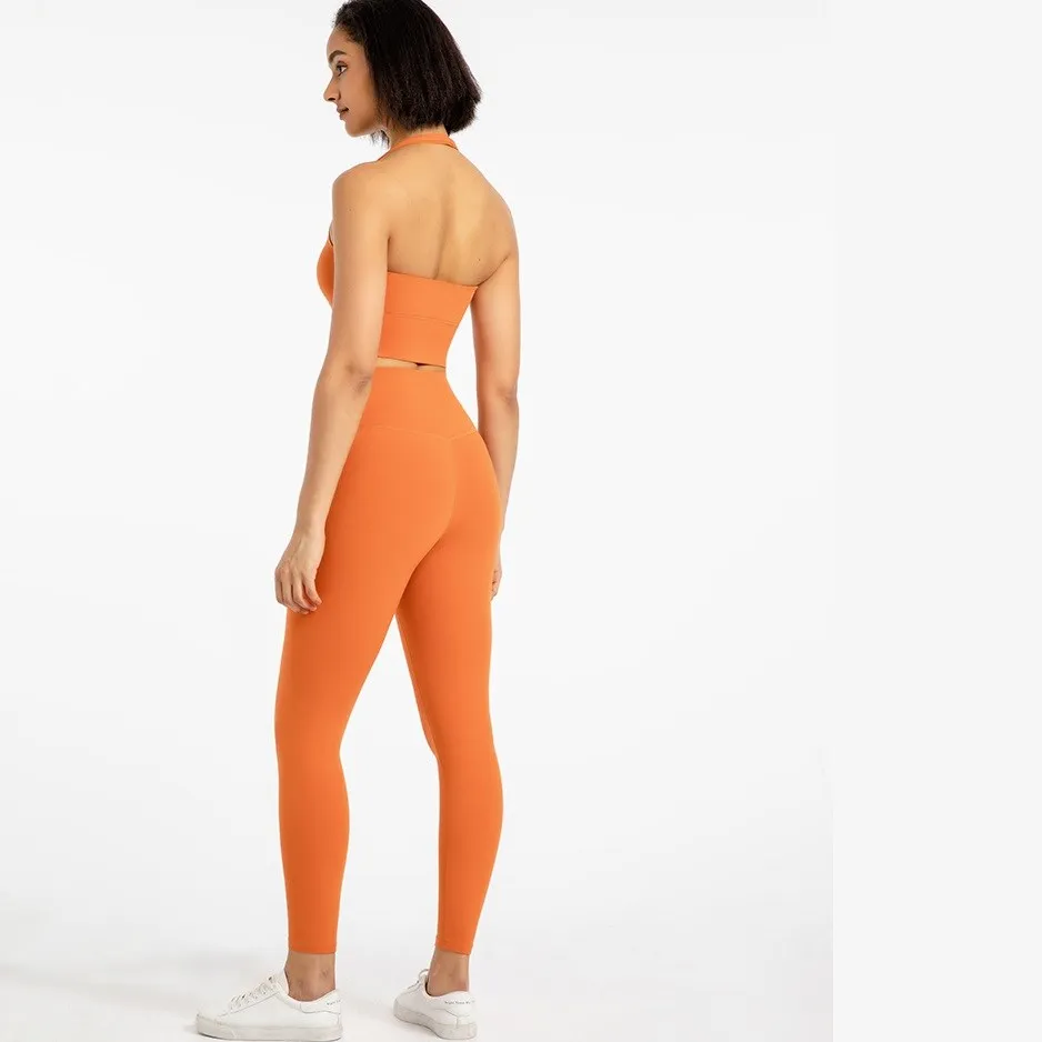 Solid Color Women Gym Fitness Set Halter Neck Sports Bra Crop Top Yoga Legging Two Pcs Suits Front Waist Cross Workout Training