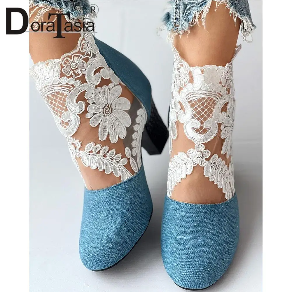 New Ladies Summer Autumn Ankle Boots Fashion Denim Lace Embroider Mesh Breathe Thick High Heels women's Boots Party Shoes Woman