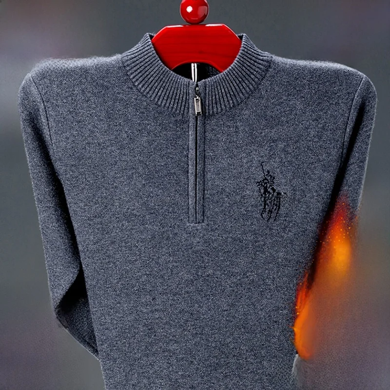 Autumn and Winter Clothing Dad Thickened Chenille Sweater Half Zipper Men's Middle-Aged Warm Fleece-lined Angora Knit