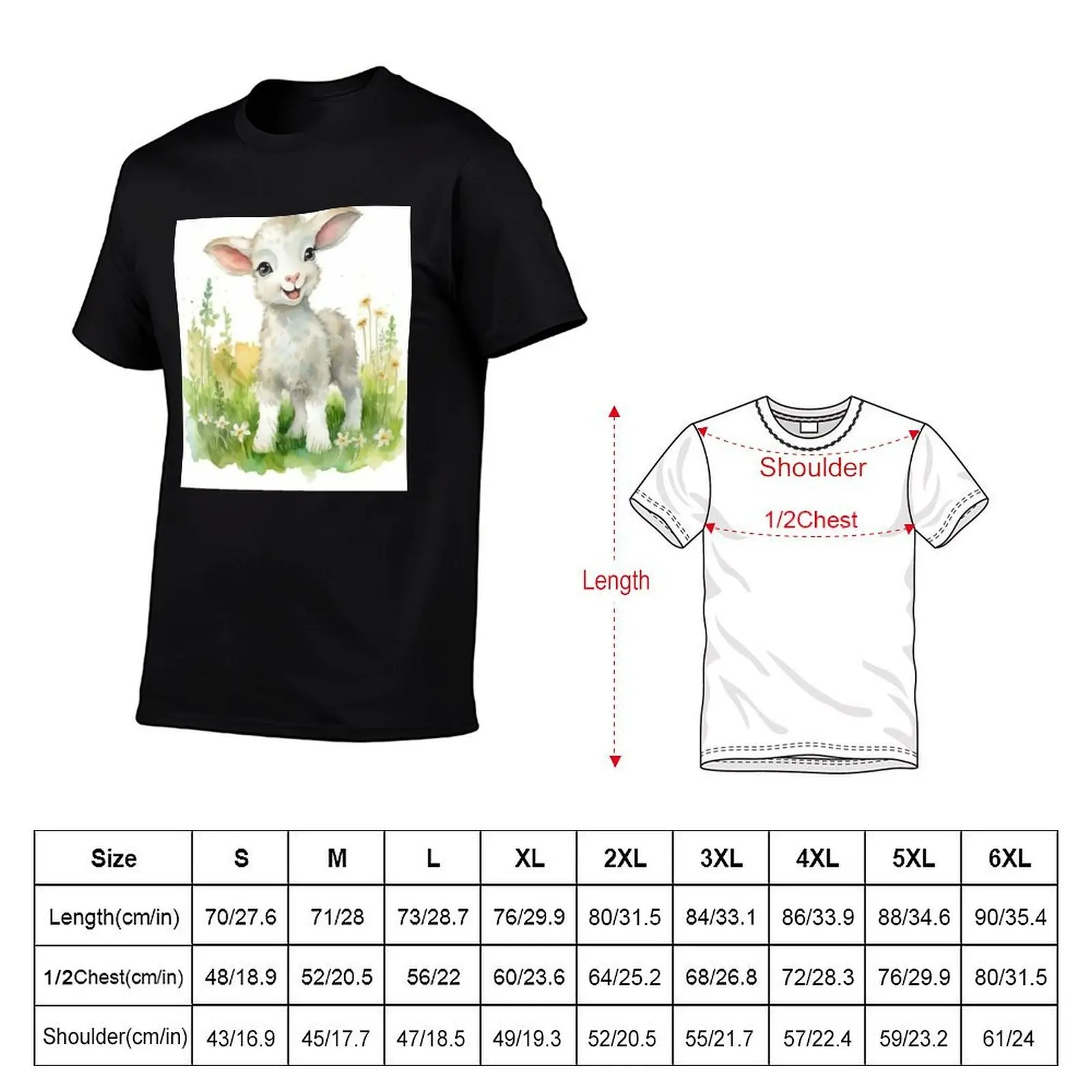 Фото Happy White Lamb - Meadow Friends: детские акварельные принты от Mila van Meer, хлопковая футболка, мужская футболка, футболка для мужчин №2