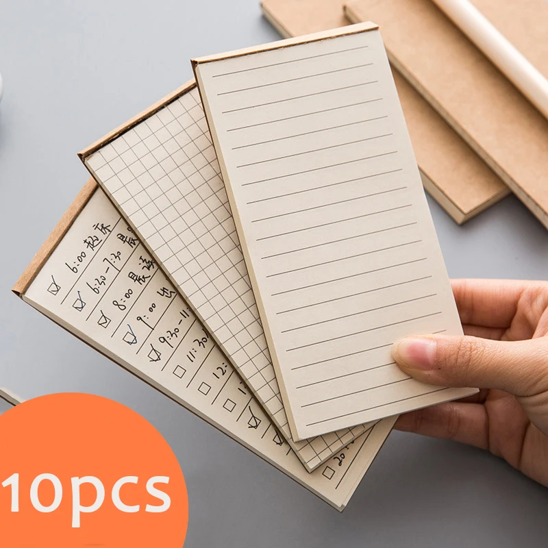 10PCS Long notepad Grid lines Notepad Portable notebook Simple brown paper Student class notes Business negotiation records