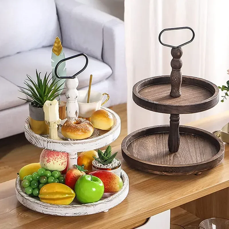 

Fruit Display Tray Snack Sum Cake Storage Stand Wooden Plate Double Cupcake Bread Layer Detachable Dim Dessert Stand Tray Round