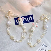 fashion charm white lapin rabbit star bow mobile phone chain decoration anti lost lanyard accessories women creative jewelry