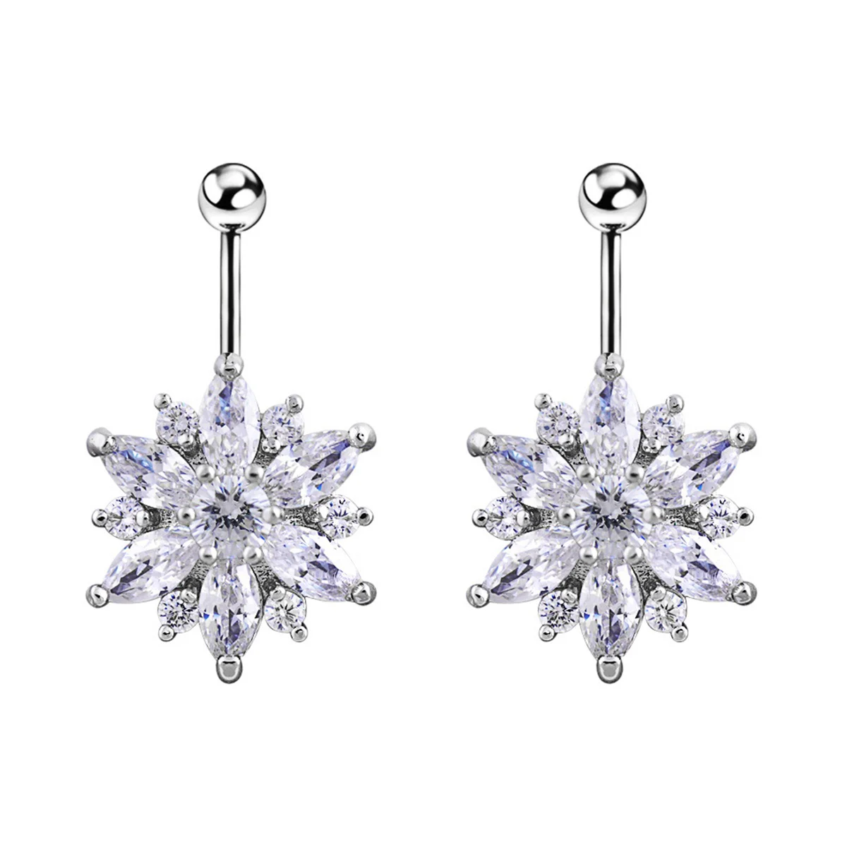 

2pcs Belly Button Ring Crystal Diamond Flower Navel Studs Jewelry for Body Decoration (Silver Plating & White