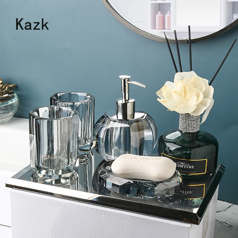 

High End Crystal Glass Bathroom Accessories Set Nordic Light Luxury Wash Supplies Toothbrush Holder Cup Soap Box Shampoo Bottle