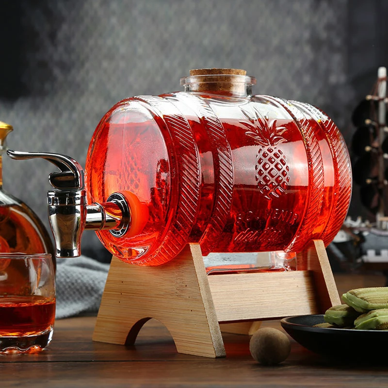 

Classical fashion home barware lead-free glass barrel whiskey wine decanter with wooden support for Liquor Scotch Bourbon