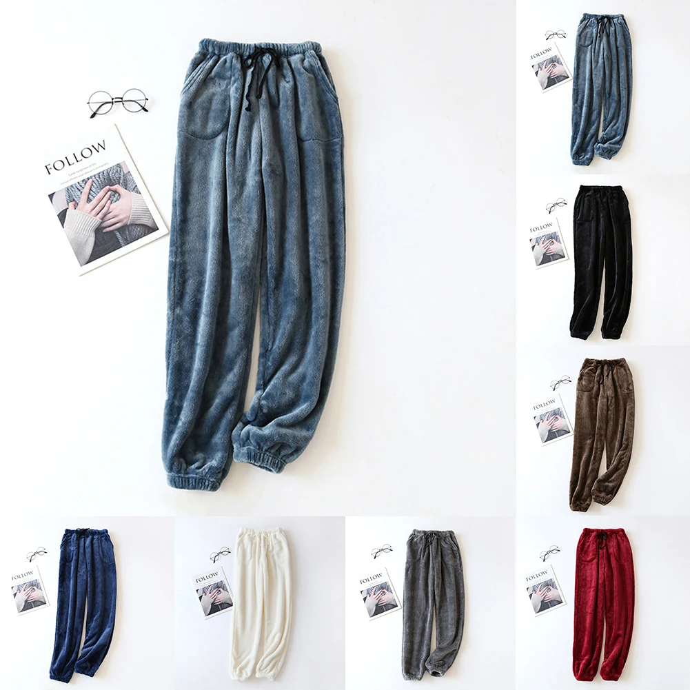 

Autumn Winter Men Thickened Warm Flannel Pajama Pants Large Size Elastic Waist Drawstring Loose Fleece Sleep Bottoms Homewear