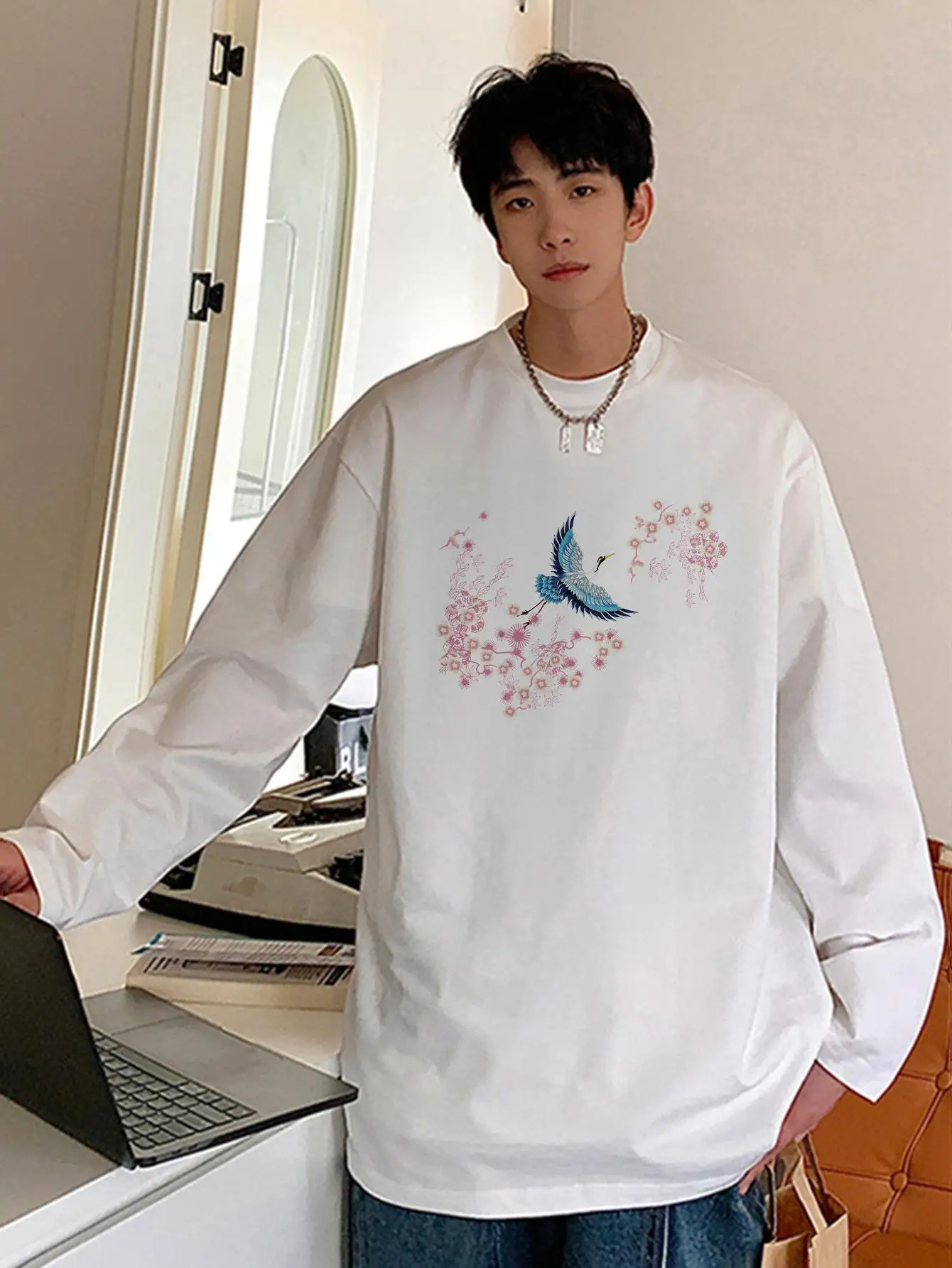 Футболка мужская хлопковая с длинным рукавом в японском стиле