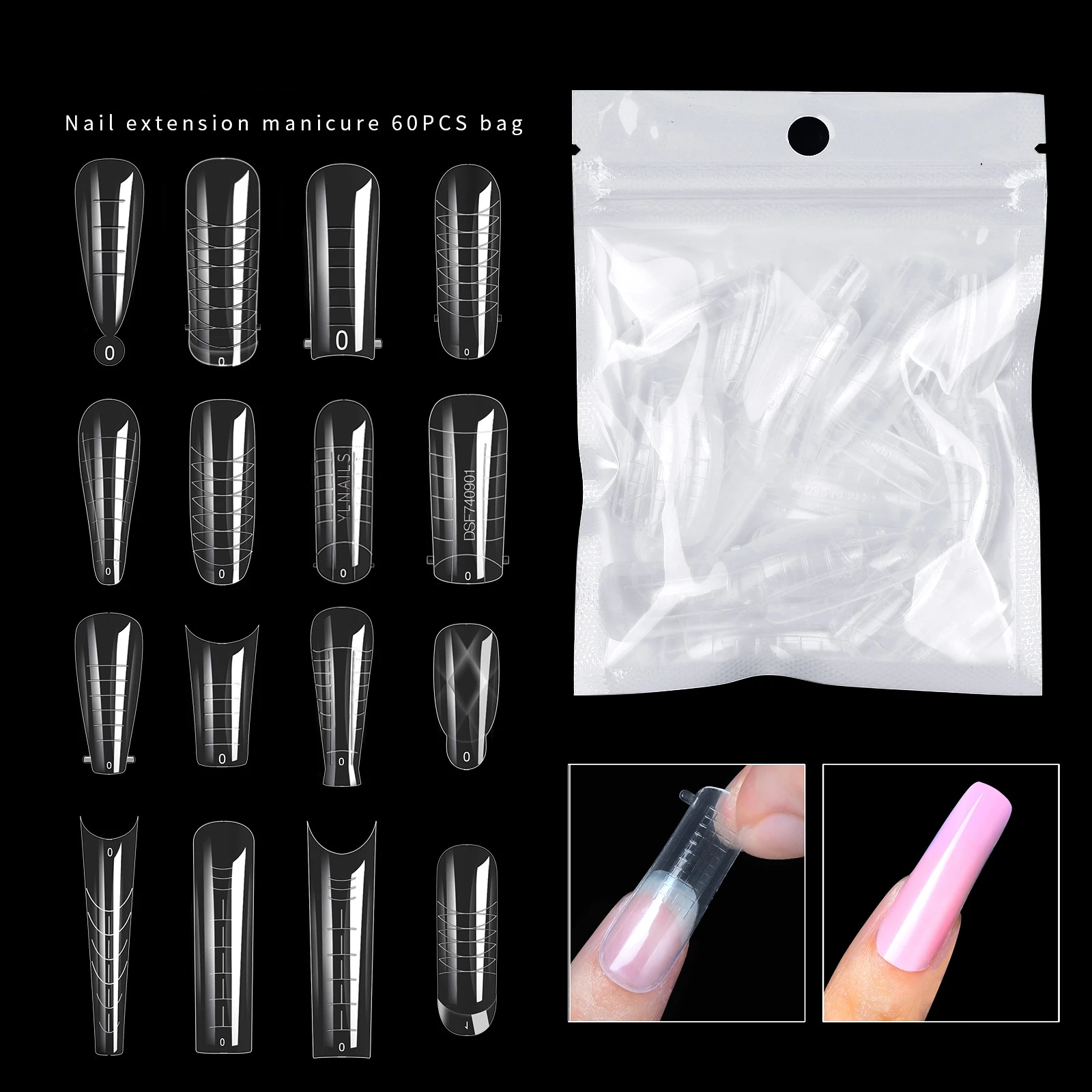 

60pcs/bag 12 Sizes Half Full Coffin Long Dual Forms Finger Gel Quick Building Extension Mold Fake Nail Acrylic Art Form