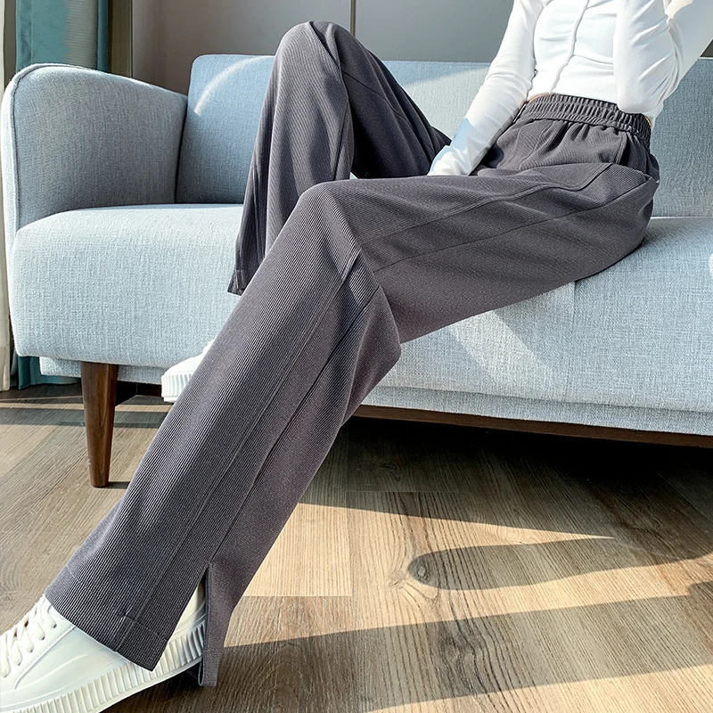 

Women's Pants Elastic Waist Up Knitted Wide Leg Pants Female Straight Casual Split Office Trousers 2023 OL Autumn Clothes Pants