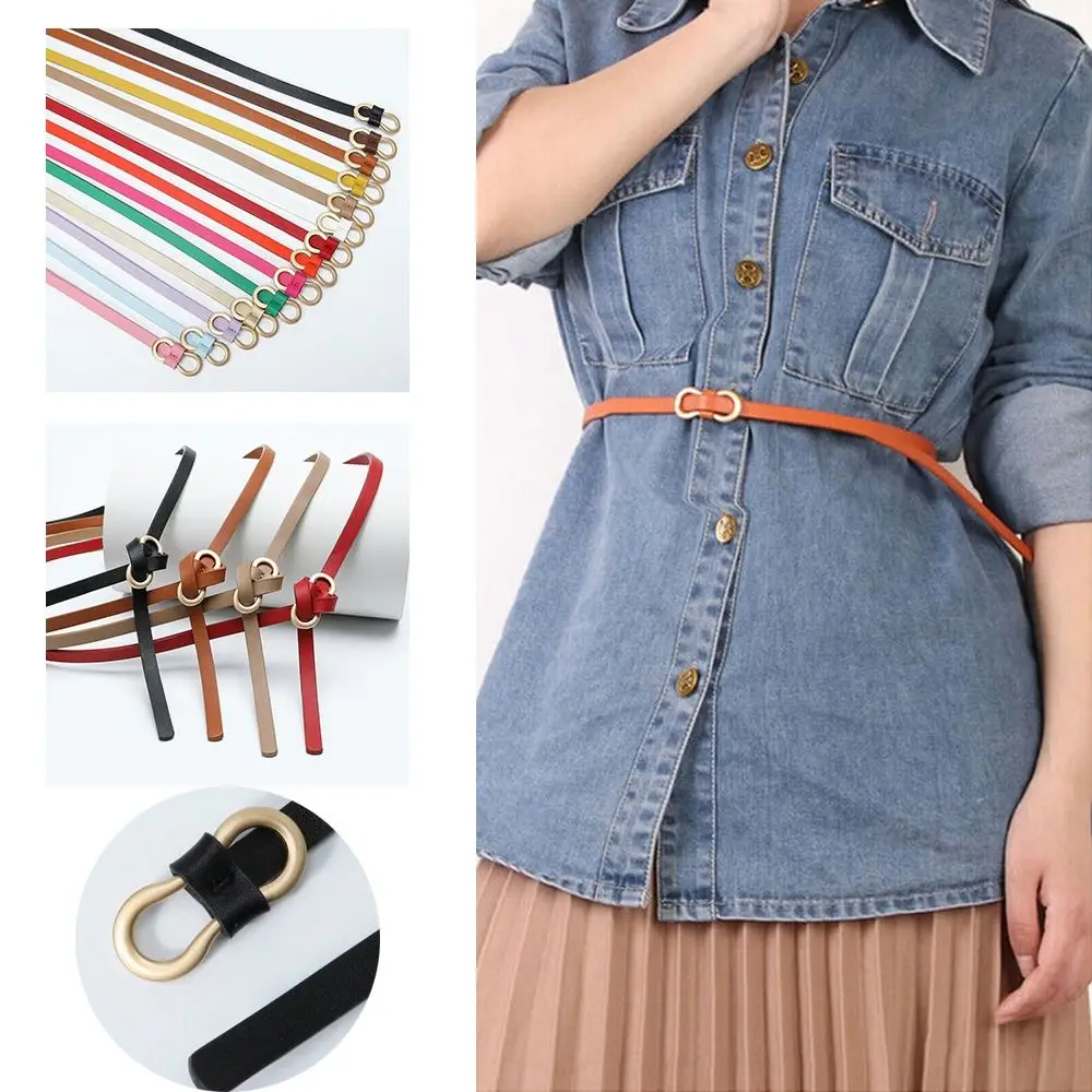 Ladies Vintage Shirt Dress Solid Color Leather Belt Trouser Dress Belts Thin Waist Strap 8-Shaped Buckle Belts