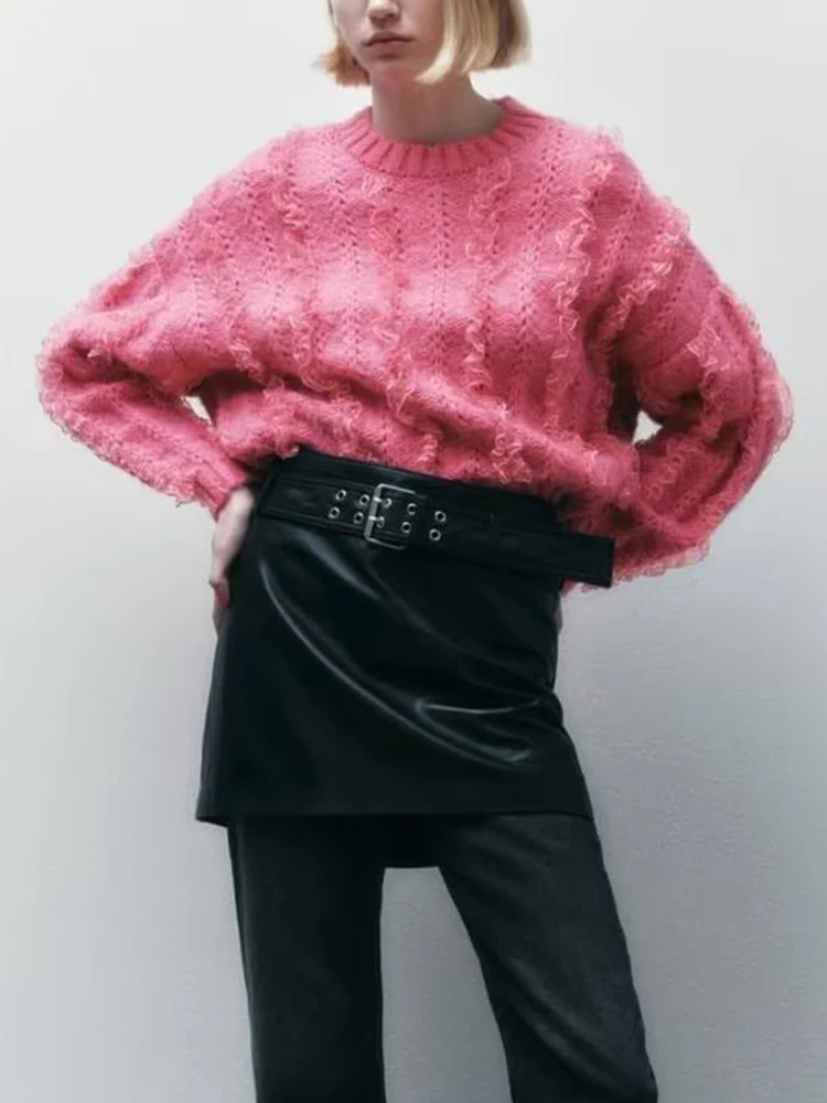 

TRAF Winter 2022 Women New Fashion Stack Layer Decorate Knitted Sweater Vintage Long Sleeve Female Pullovers Tops HH7487
