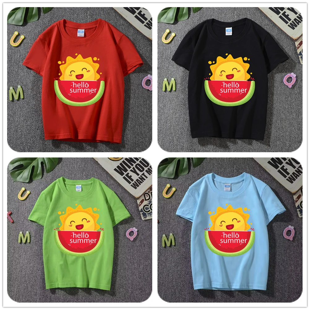 

Children's Summer Clothing for Girl/Boy Cartoon Sun and Watermelon Printed Short-Sleeved O-Neck T-shirt Fashion Baby Tops Tees