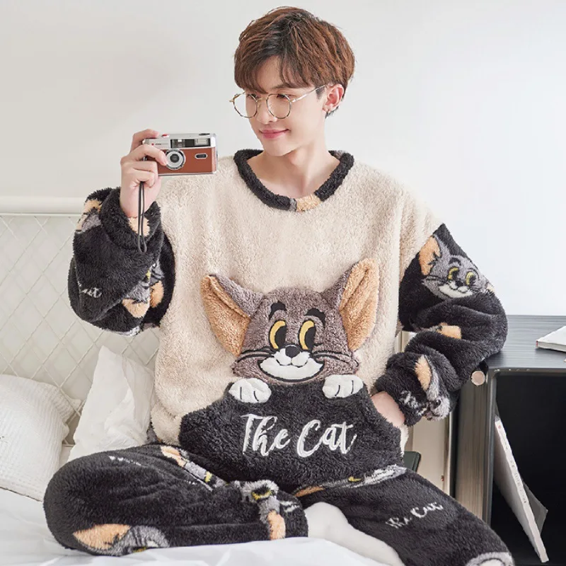 Boys' Pajamas Flannel Autumn Winter Long Plush Thickened Thermal Insulation Men's Household Clothes Can Be Worn Outside Suit
