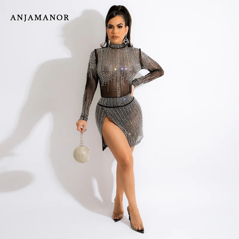 

ANJAMANOR Black Sparkly Crystal Mini Dresses for Women Party Night Club Wear Sheer Mesh Long Sleeve Bodycon Slit Dress D57-GB42