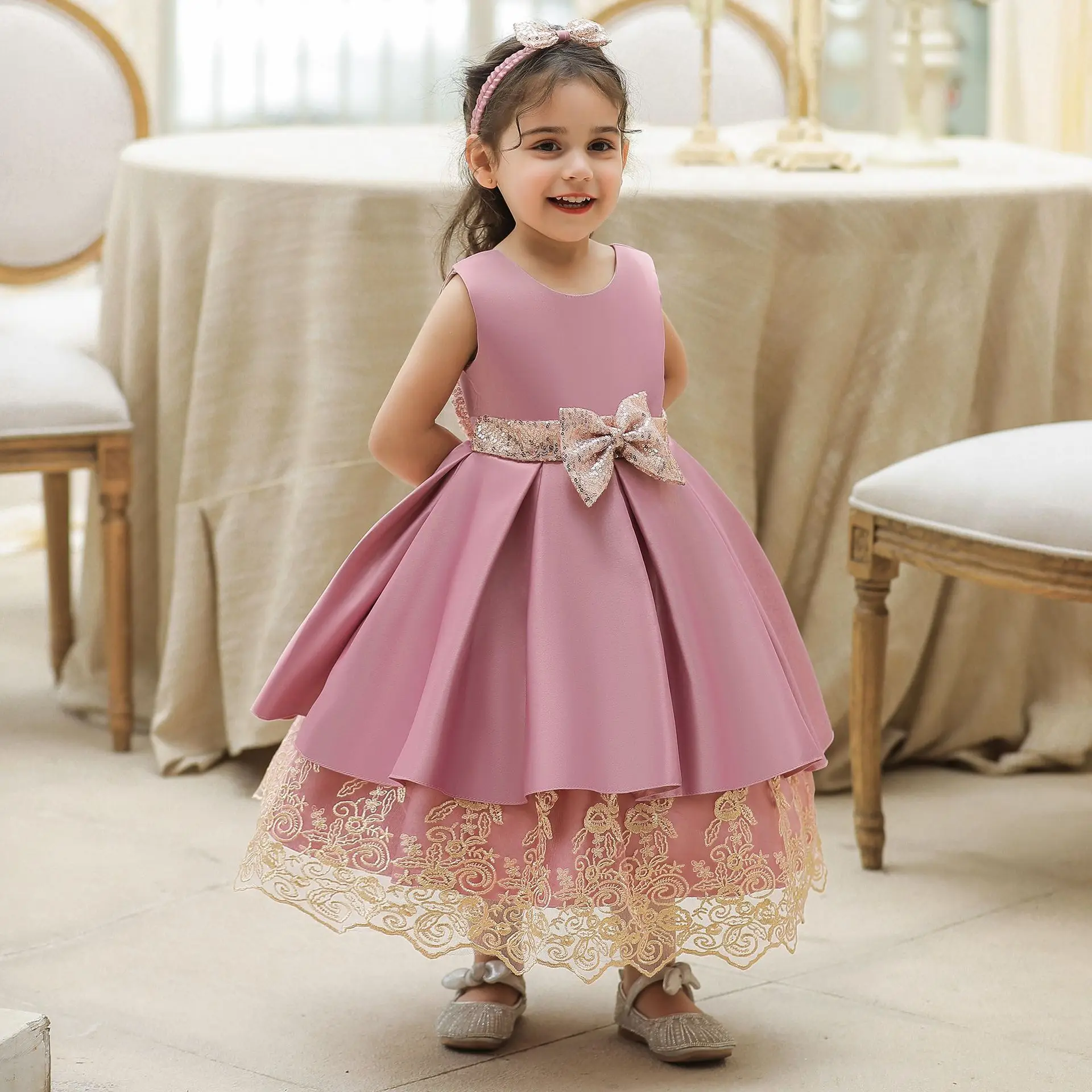 

2022 New Children Dress Satin Fabric Princess Dress Girls Birthday Party Baby Tutu Skirt Vestidos De Niña Para Fiesta