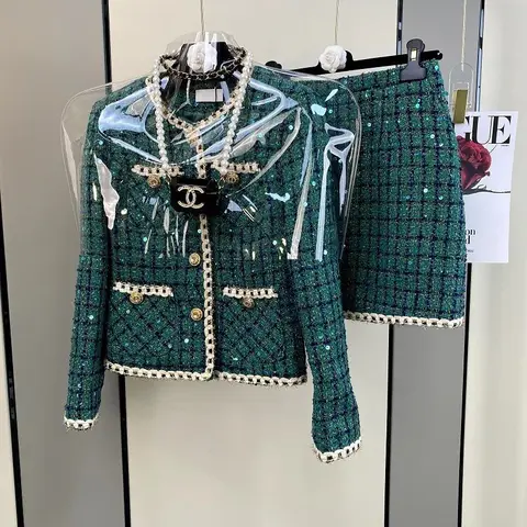 Женский элегантный винтажный твидовый очаровательный костюм, жакет и юбка, комплект из двух предметов, зеленый наряд, зимняя жаккардовая праздничная одежда