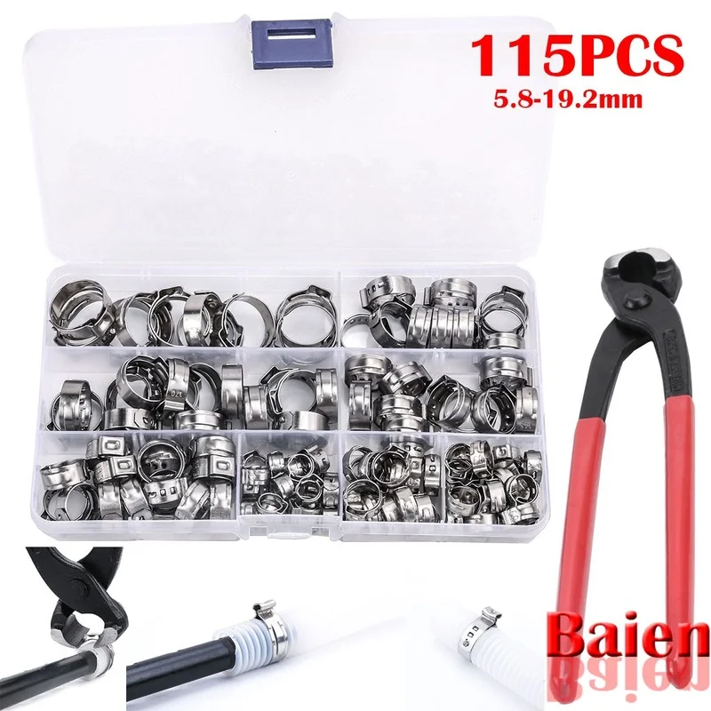 

115pcs Single Ear Stepless Hose Clamps 5.8-23.5mm 304 Stainless Steel Hose Clamps Cinch Clamp Rings Sealing Pliers with Box