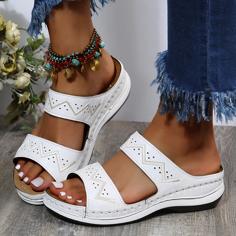 Women Slippers Retro Summer Shoes Wedge Women Sandals 2023 Simple Embroidery Platform Beach Slippers Open Toe Slip on Sandalias