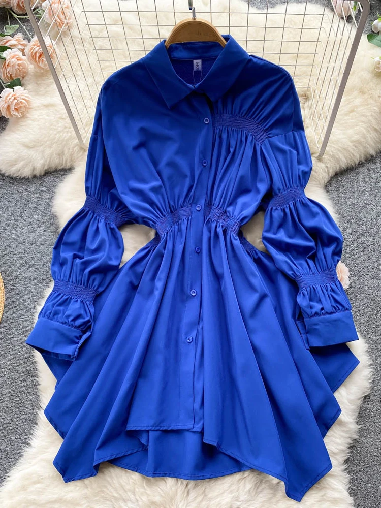 

Foamlina Casual Women Shirt Dress Solid Color Turn-down Collar Three Quarter Sleeve Single Breasted A-line Irregular Short Dress