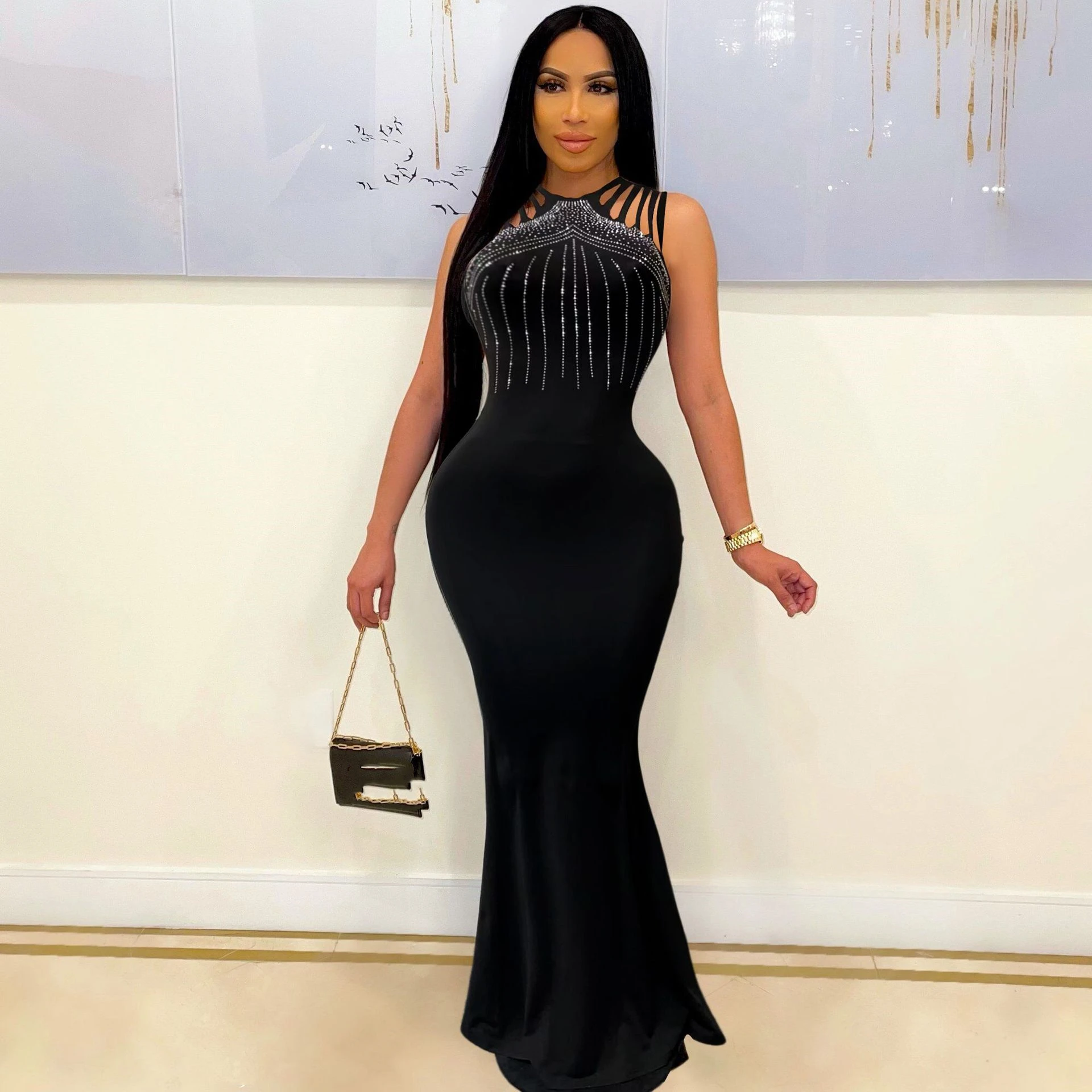 Длинные платья женские шифоновые вечерние без рукавов с открытыми плечами