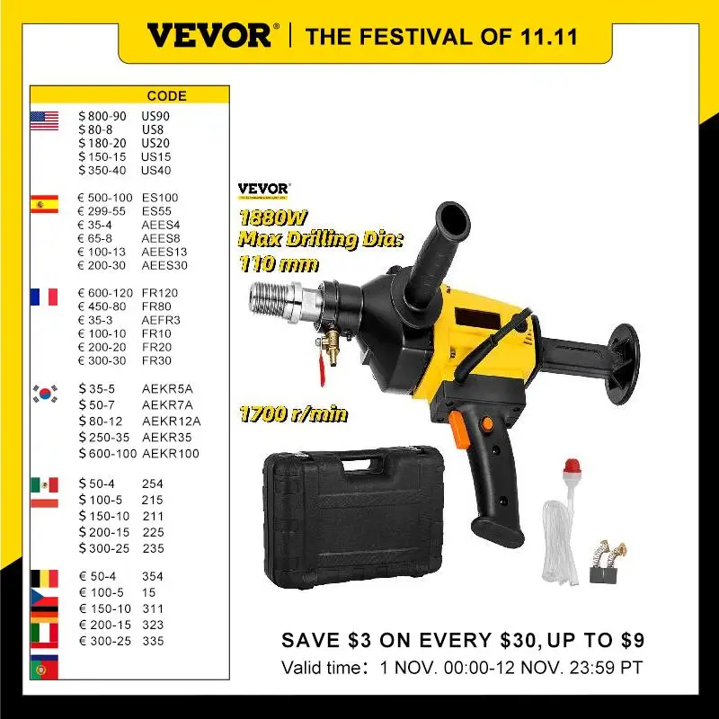 

VEVOR 110mm Handheld Diamond Core Drill 1880W Wet/Dry Stepless Speed Electric Drilling Machine Screwdriver Concrete Brick Marble