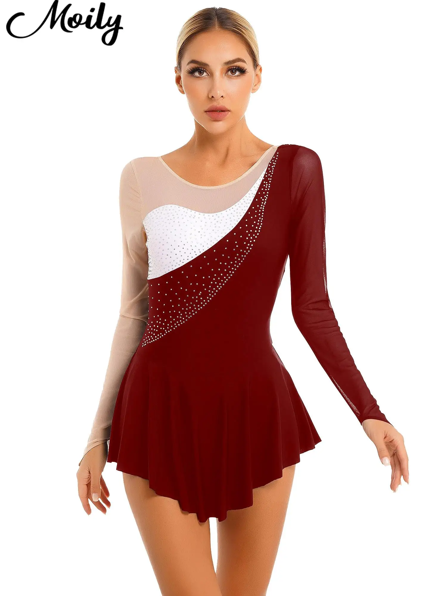 

Womens Latin Dance Dress Sparkling Rhinestone Figure Skating Dress Dancewear Color Block Sheer Mesh Long Sleeve Leotards Costume