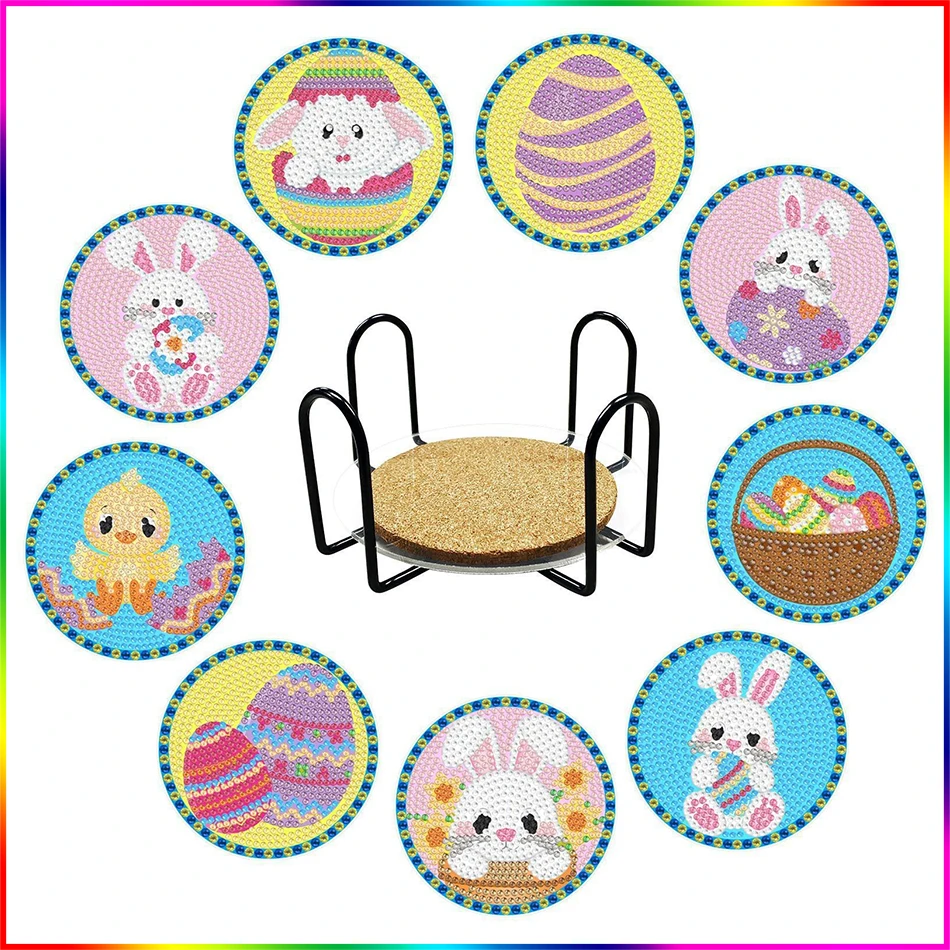 PhotoCustom 9pcs Diamond Art Coasters Diy Animal Pattern Round Diamond Painting Kits Table Placemat Cup Mat Pad Home Decor Gift