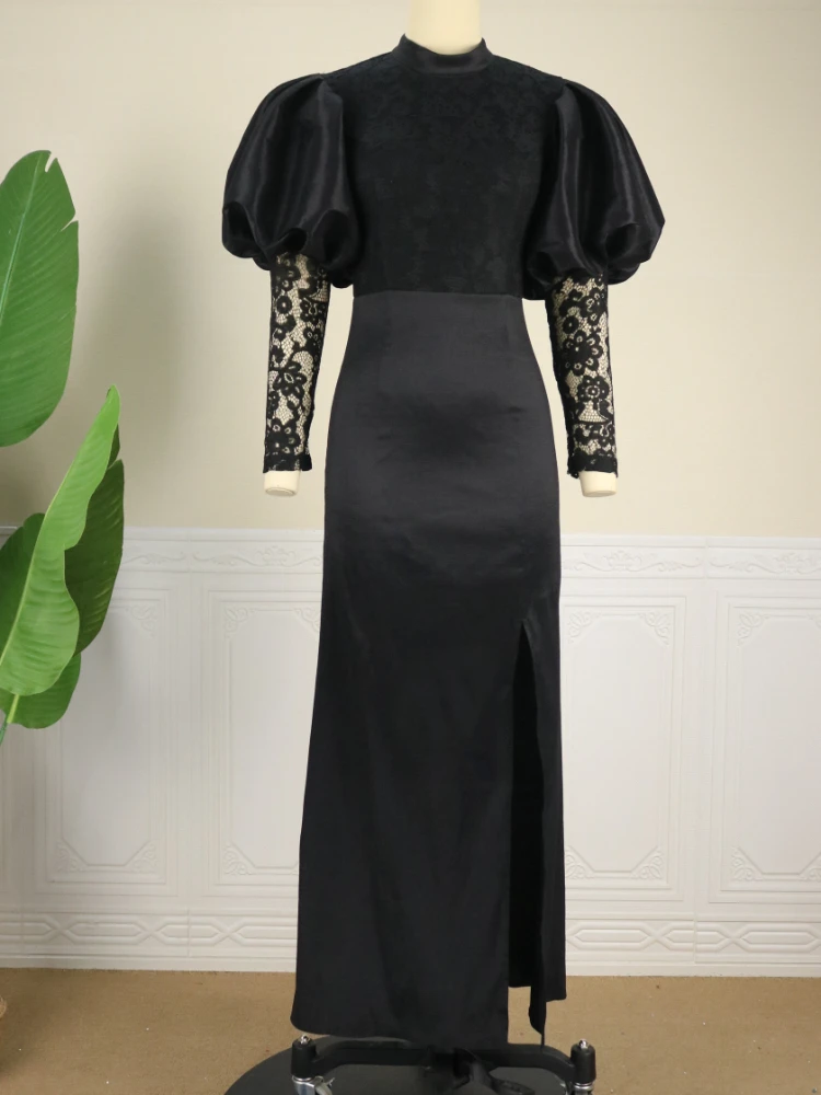 2023 Women Elegant Long Black Prom Formal Dresses Stand Neck Fluffy Sleeve High Slit Lace Robes Party Evening plus Size Dresses