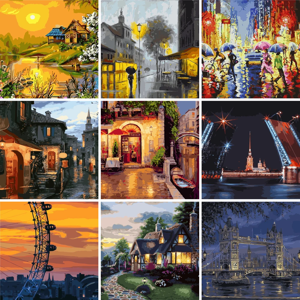 

Набор для рисования по номерам на холсте, пейзаж, архитектура, закат, ночь, картина маслом